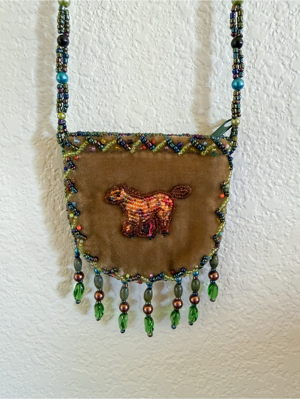 Hand Beaded Fringe Crossbody Medicine Bag with Horse Motif - Blue & Green